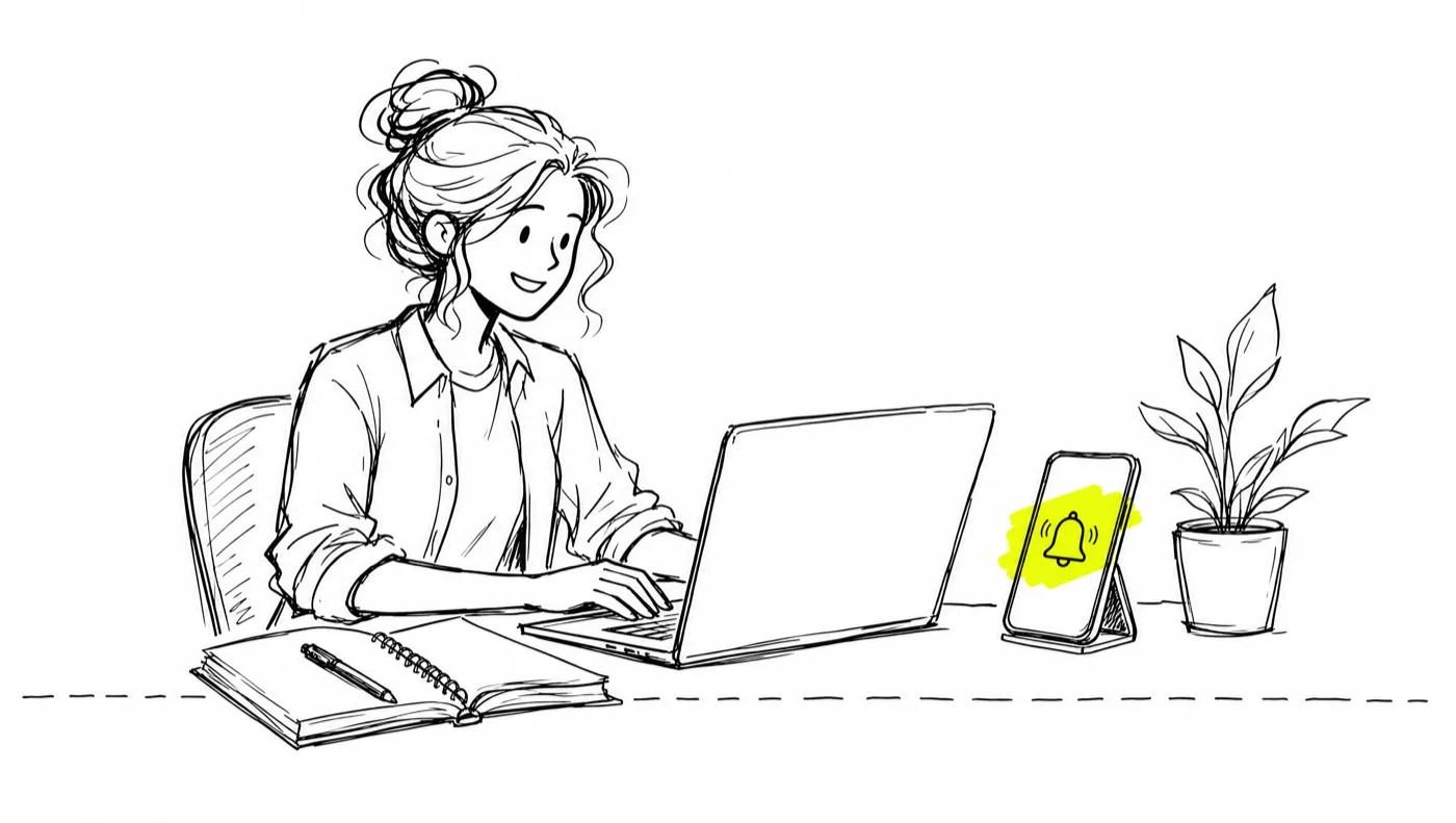 A seller working at a familiar desk with a laptop, notebook and phone