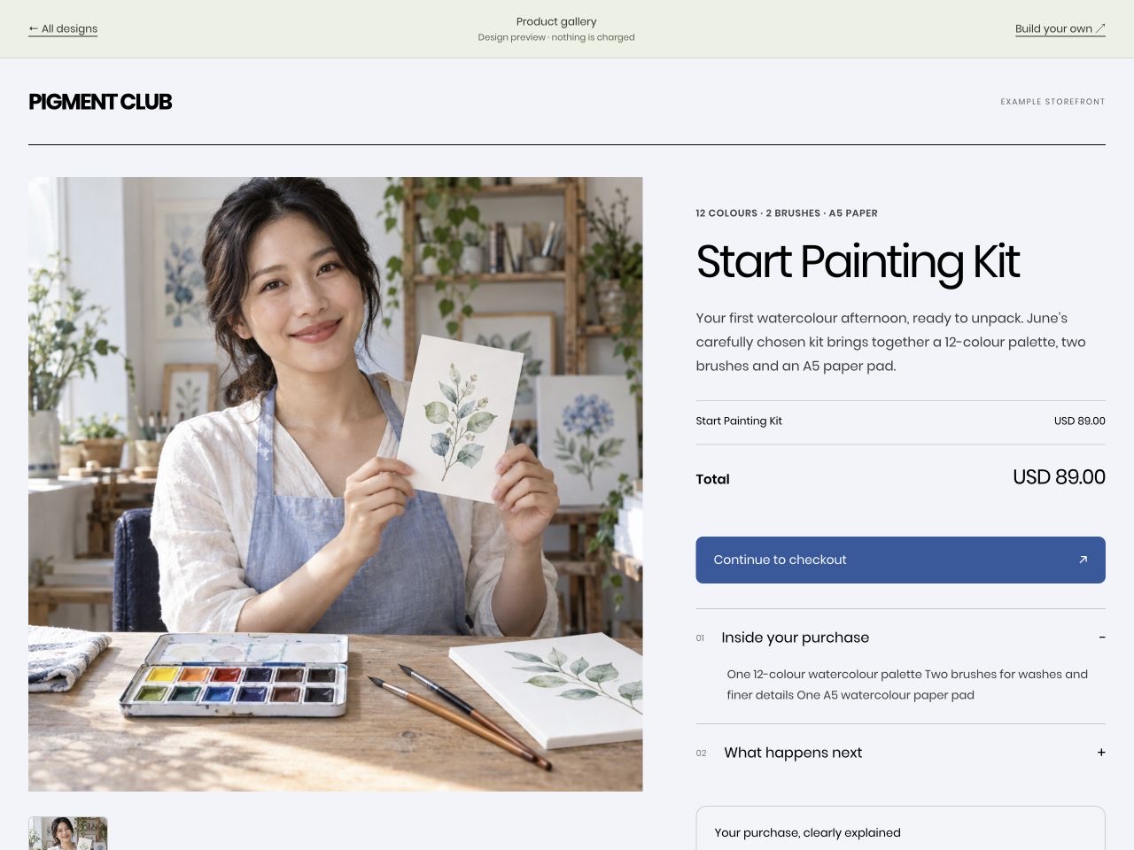 Product gallery checkout for fictional ceramics brand FORME, with founder photography and a checkout drawer